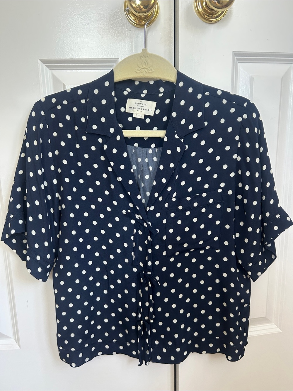 Trovata Navy and White Polka Dot Tie-Front Shirt